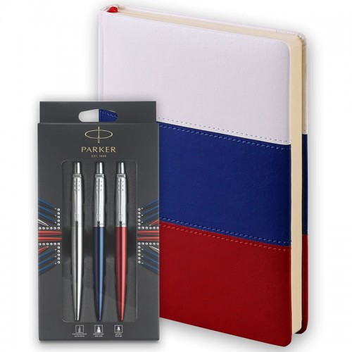 Набор Parker Jotter London Trio: гелевая ручка Red CT + шариковая ручка Blue CT + карандаш Stainless Steel CT и ежедневника триколор в Омске